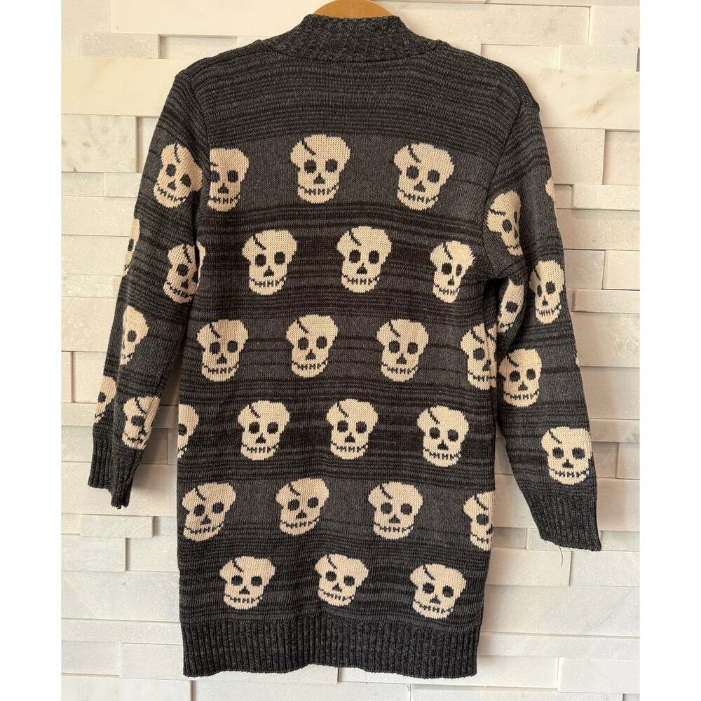 Skull Intarsia Cotton Open Front Cardigan Sweater Gray Beige S Goth Whimsigoth - Picture 2 of 4